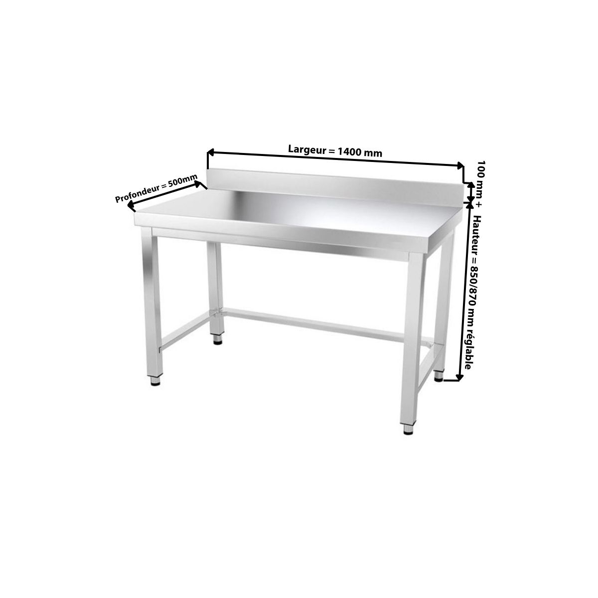Table inox 1400 x 500 mm adossée avec renfort / GOLDINOX