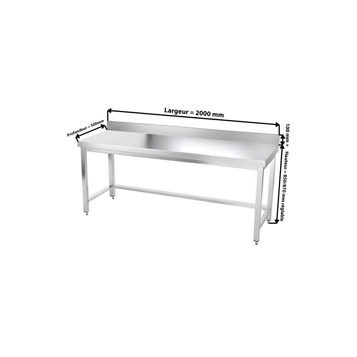 Table inox 2000 x 500 mm adossée avec renfort / GOLDINOX