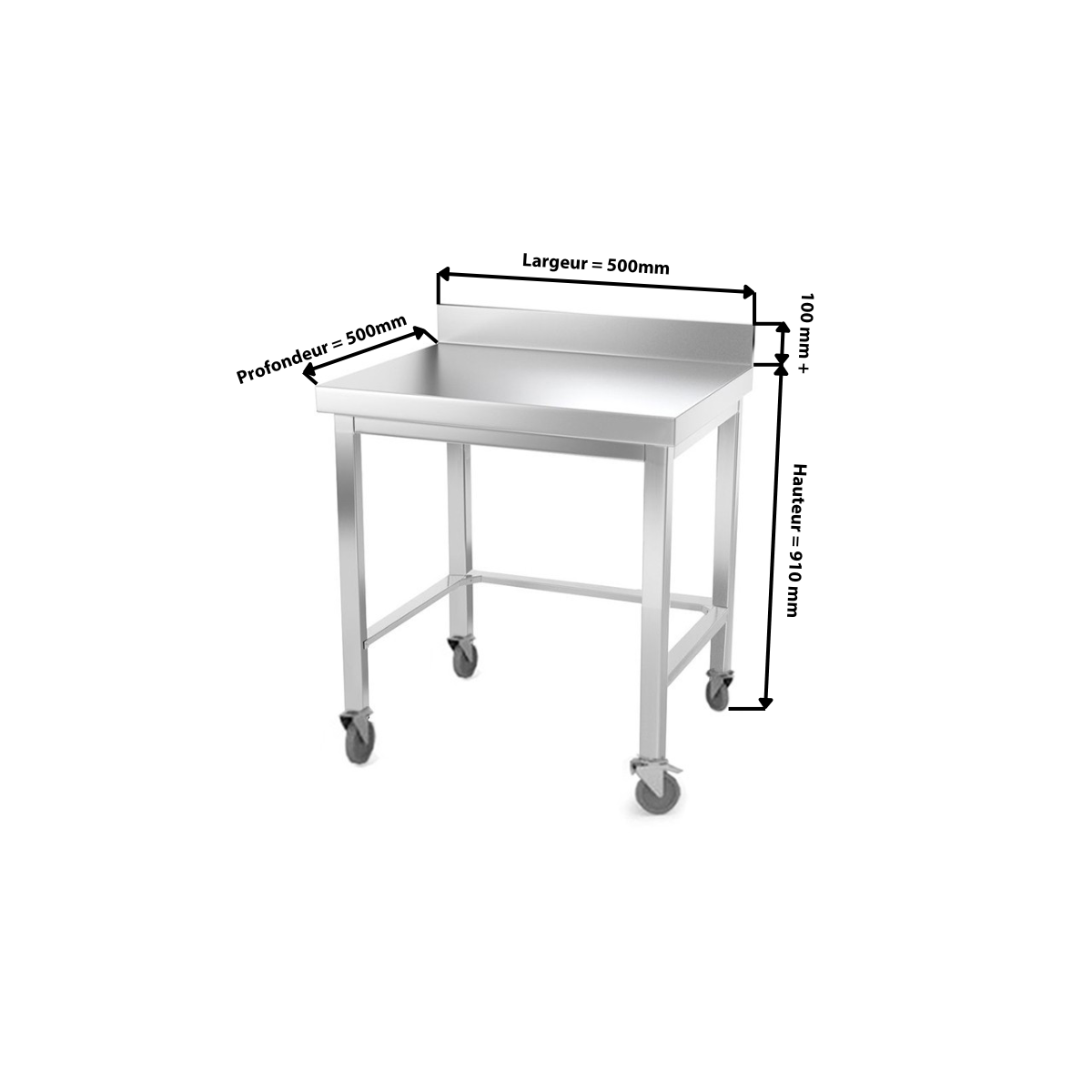 Table inox 500 x 500 mm adossée avec renfort sur roulettes / GOLDINOX