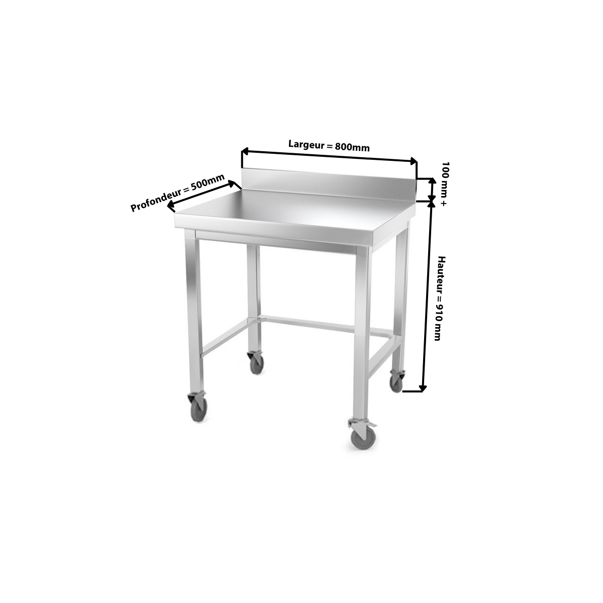 Table inox 800 x 500 mm adossée avec renfort sur roulettes / GOLDINOX