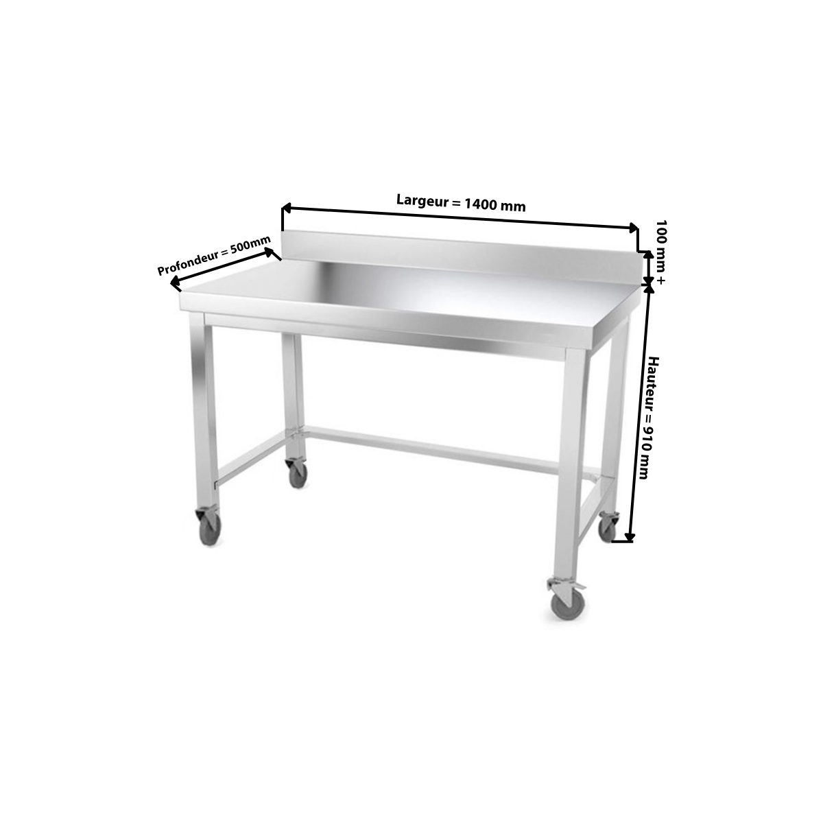 Table inox 1400 x 500 mm adossée avec renfort sur roulettes / GOLDINOX