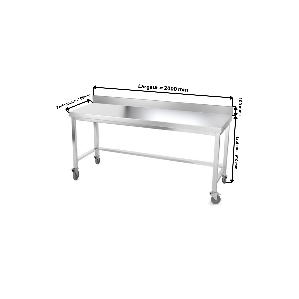Table inox 2000 x 500 mm adossée avec renfort sur roulettes / GOLDINOX