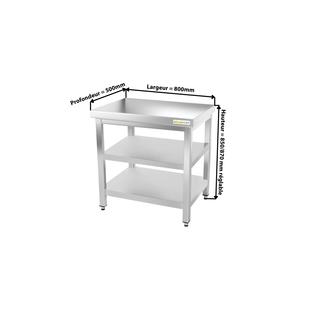 Table inox 800 x 500 mm avec 2 étagères / GOLDINOX