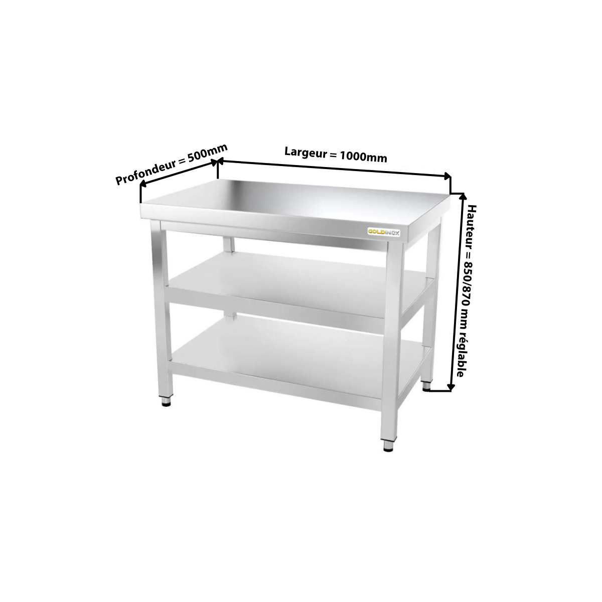 Table inox 1000 x 500 mm avec 2 étagères / GOLDINOX