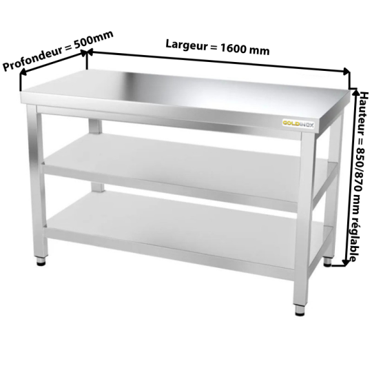Table inox 1600 x 500 mm avec 2 étagères / GOLDINOX