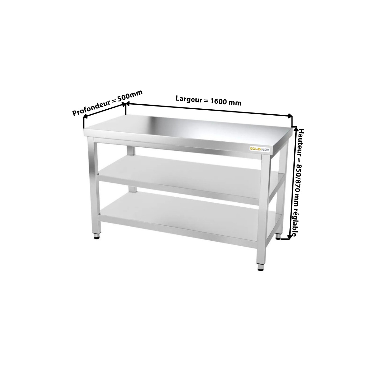Table inox 1600 x 500 mm avec 2 étagères / GOLDINOX