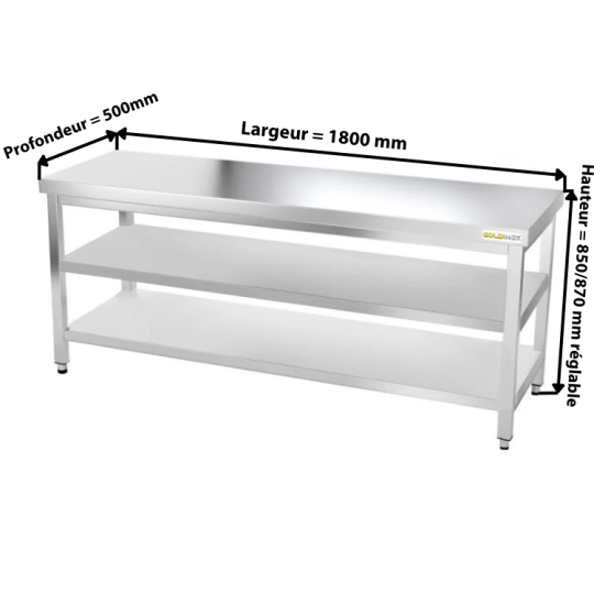 Table inox 1800 x 500 mm avec 2 étagères / GOLDINOX