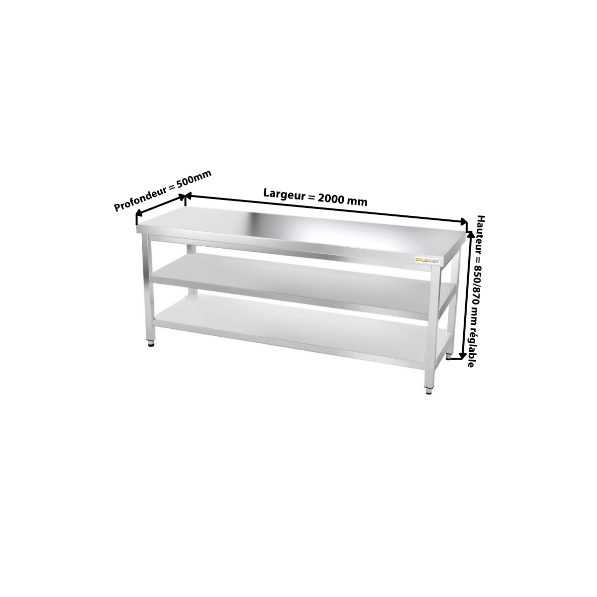 Table inox 2000 x 500 mm avec 2 étagères / GOLDINOX