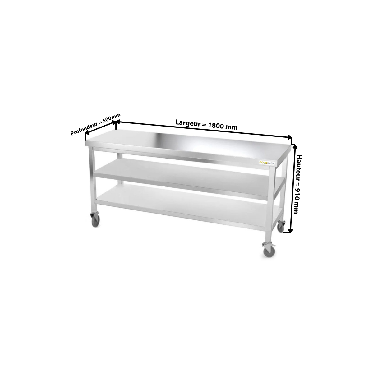 Table inox 1800 x 500 mm avec 2 étagères sur roulettes / GOLDINOX