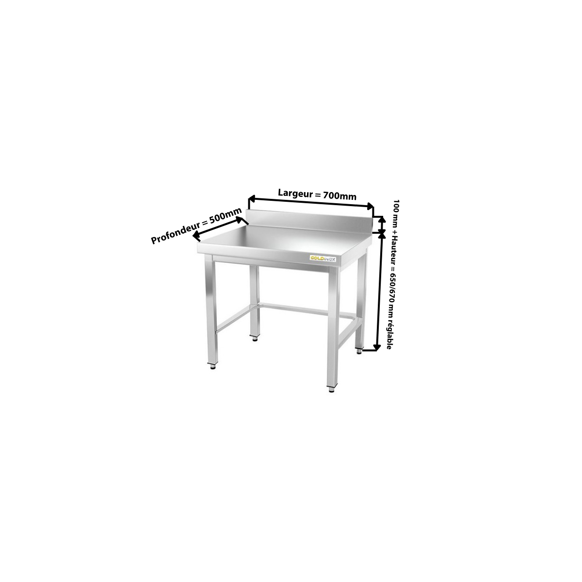 Table inox soubassement 700 x 500 mm adossée avec renfort / GOLDINOX
