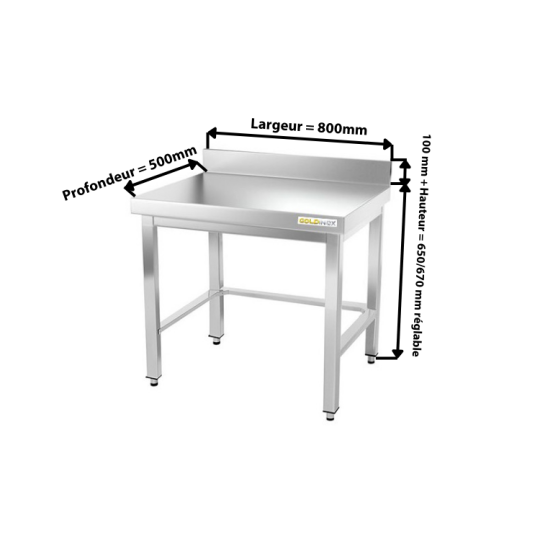 Table inox soubassement 800 x 500 mm adossée avec renfort / GOLDINOX
