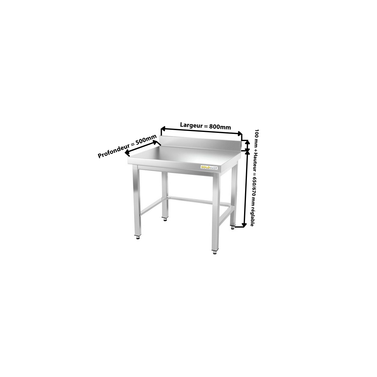 Table inox soubassement 800 x 500 mm adossée avec renfort / GOLDINOX