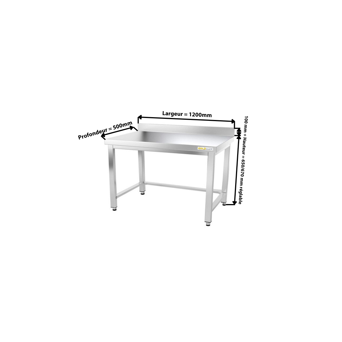 Table inox soubassement 1200 x 500 mm adossée avec renfort / GOLDINOX