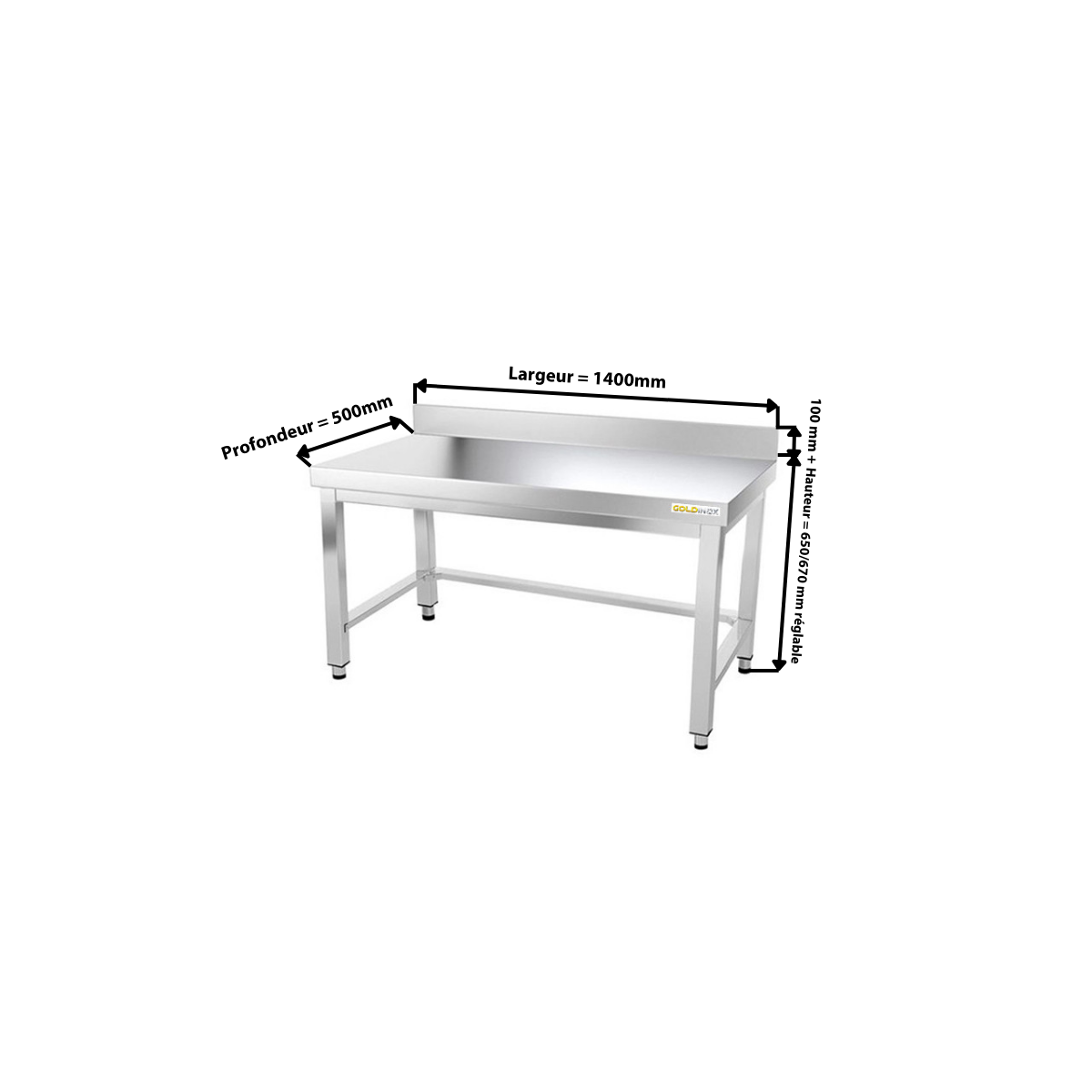Table inox soubassement 1400 x 500 mm adossée avec renfort / GOLDINOX