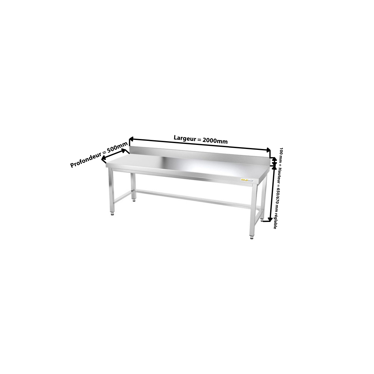 Table inox soubassement 2000 x 500 mm adossée avec renfort / GOLDINOX