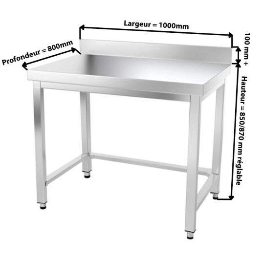 Table inox 1000 x 800 mm adossée avec renfort / GOLDINOX