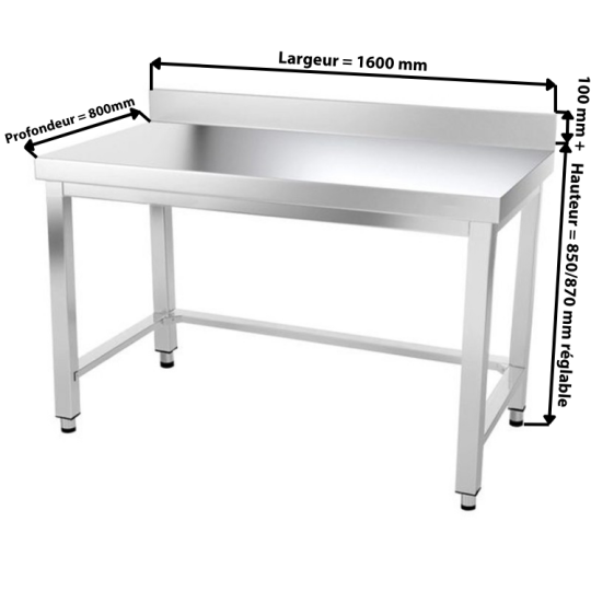 Table inox 1600 x 800 mm adossée avec renfort / GOLDINOX
