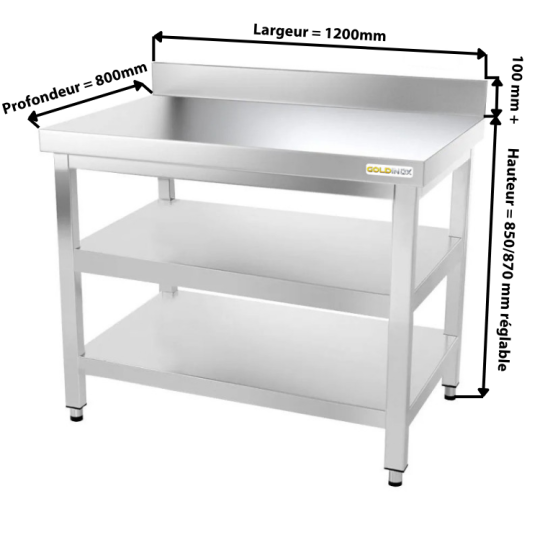 Table inox 1200 x 800 mm adossée avec 2 étagères / GOLDINOX