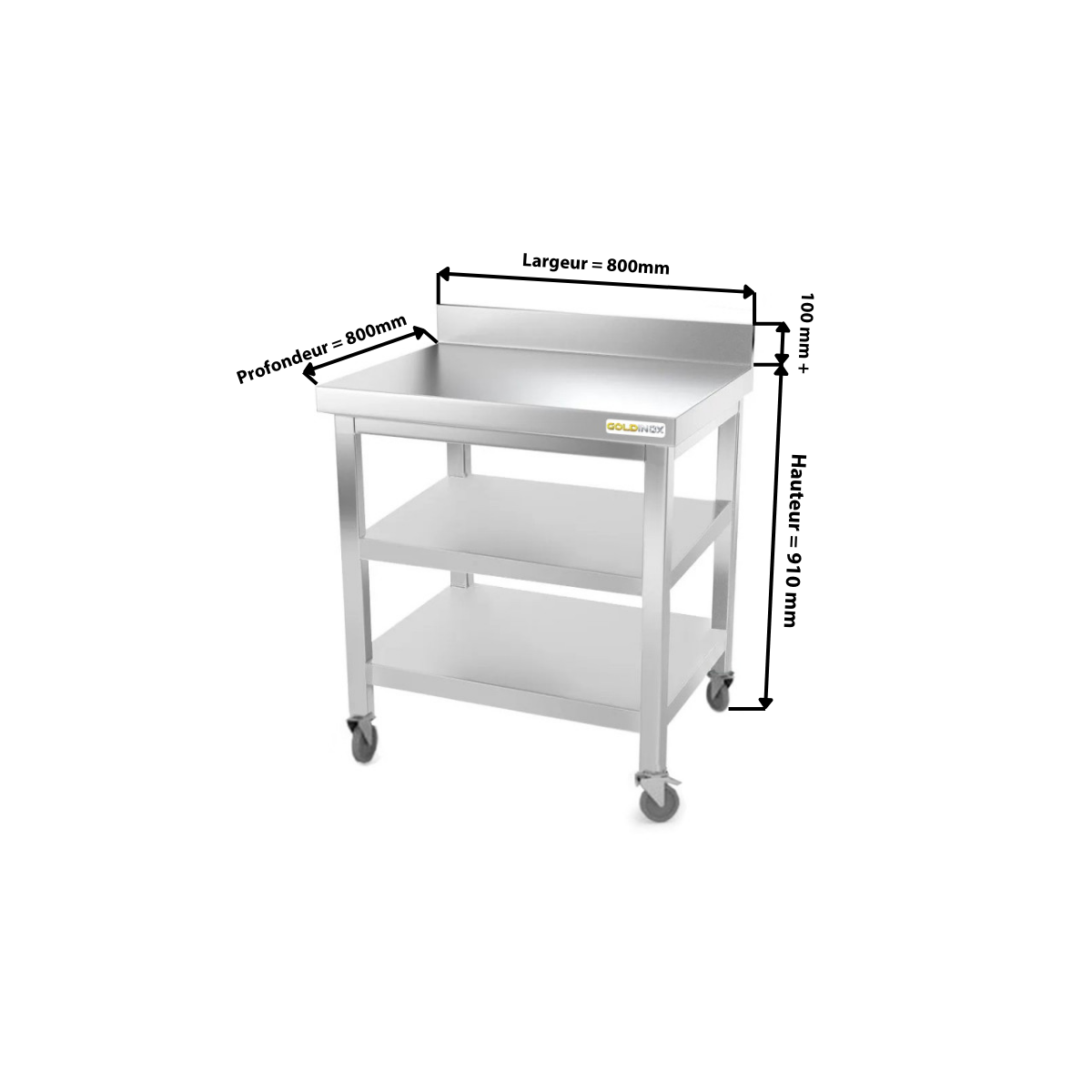 Table inox 800 x 800 mm adossée avec 2 étagères sur roulettes / GOLDINOX