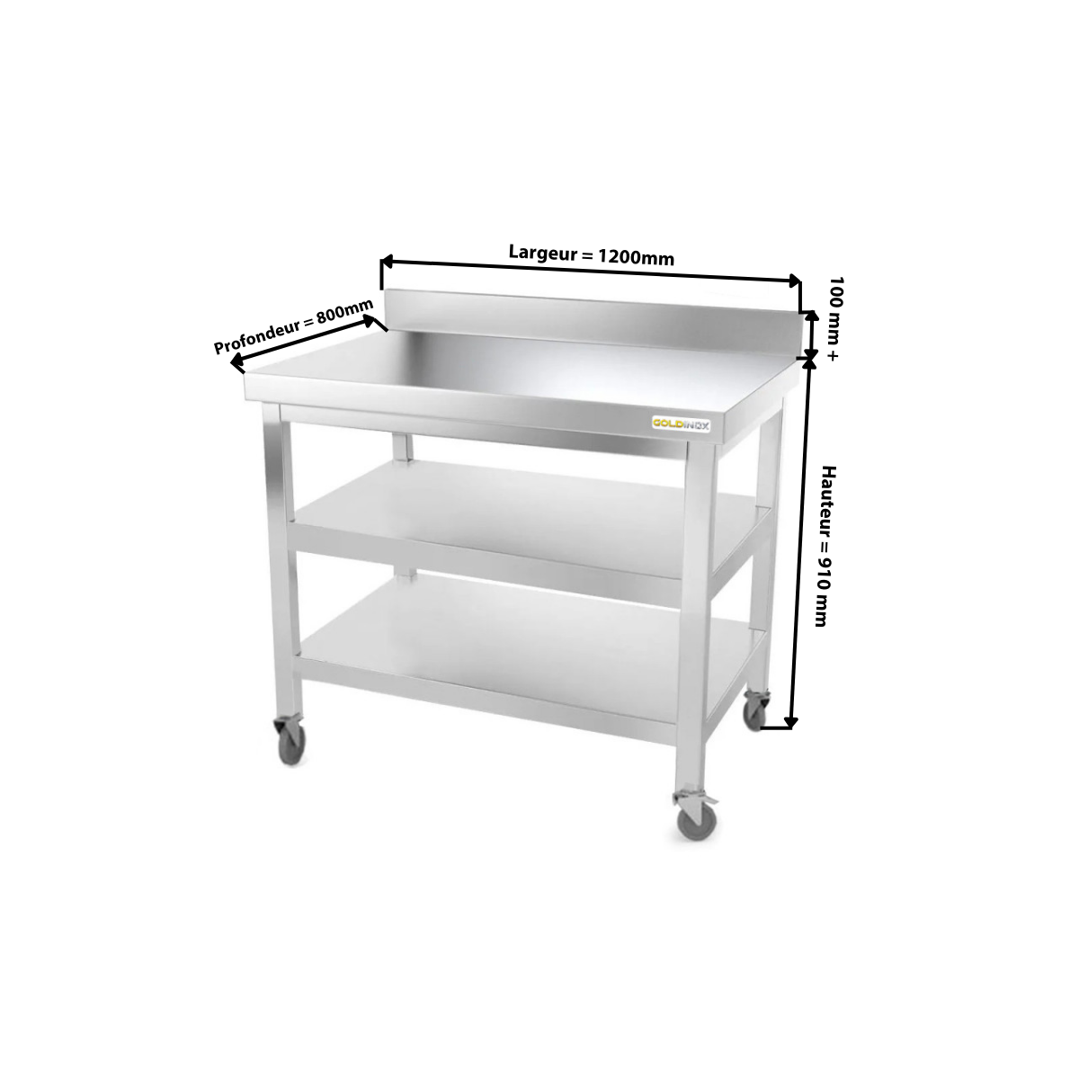 Table inox 1200 x 800 mm adossée avec 2 étagères sur roulettes / GOLDINOX