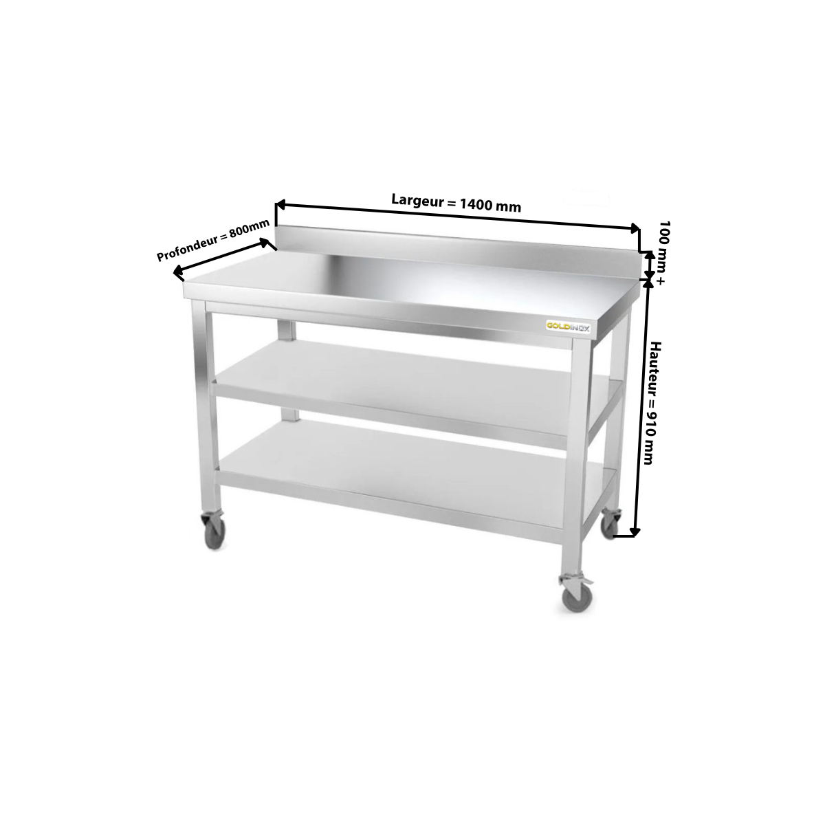 Table inox 1400 x 800 mm adossée avec 2 étagères sur roulettes / GOLDINOX
