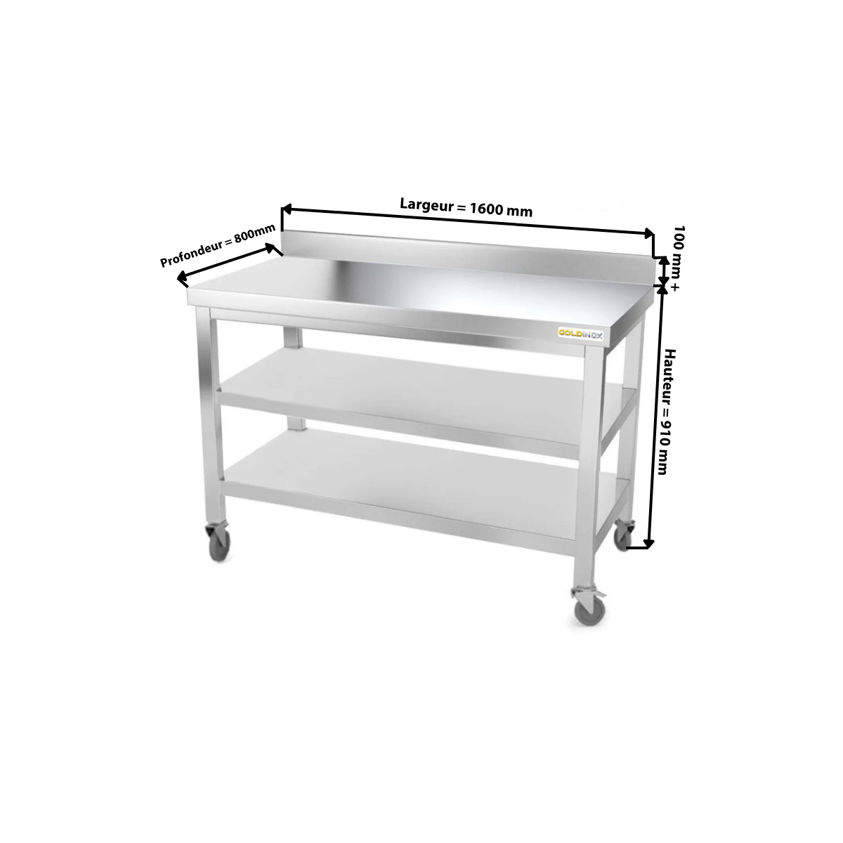 Table inox 1600 x 800 mm adossée avec 2 étagères sur roulettes / GOLDINOX