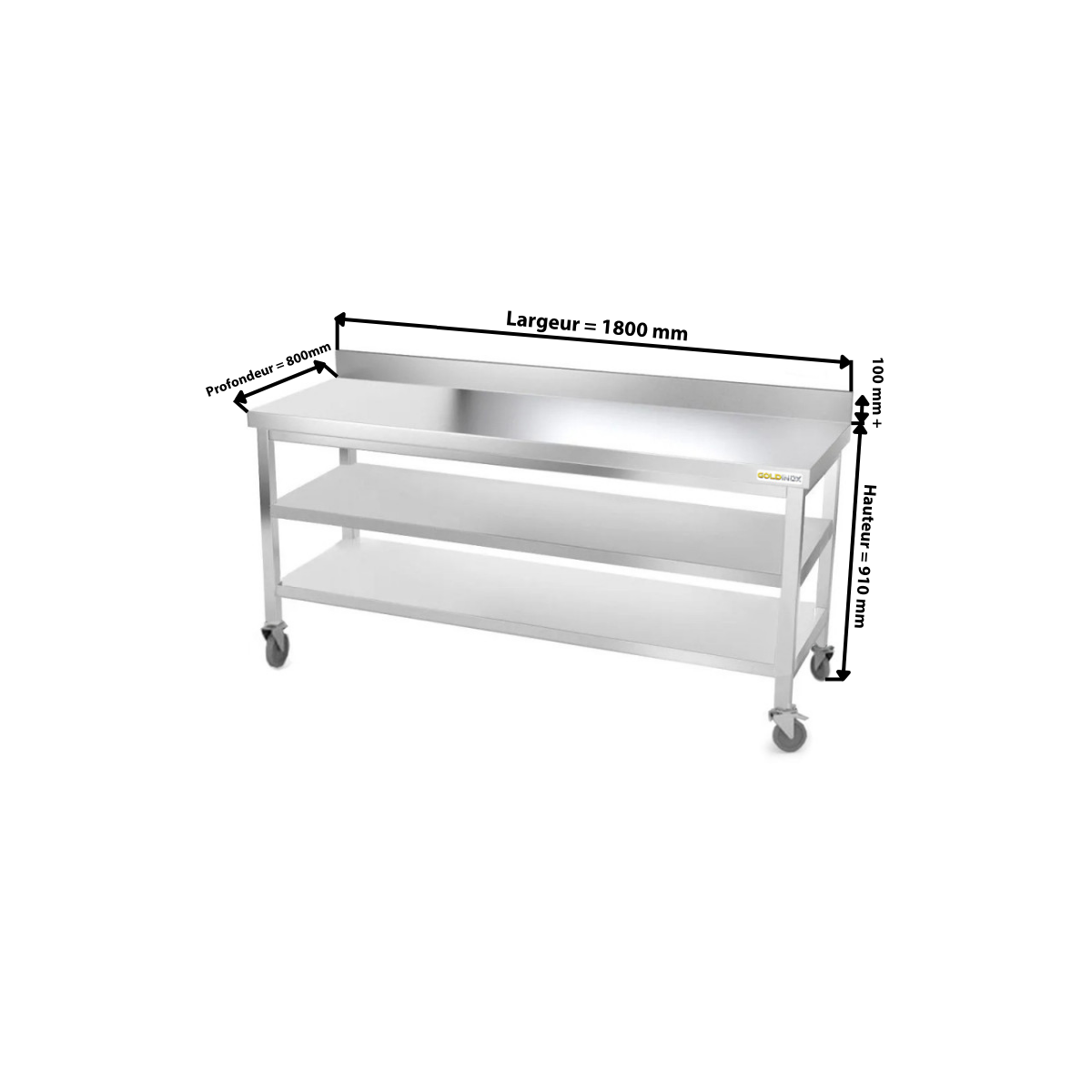 Table inox 1800 x 800 mm adossée avec 2 étagères sur roulettes / GOLDINOX
