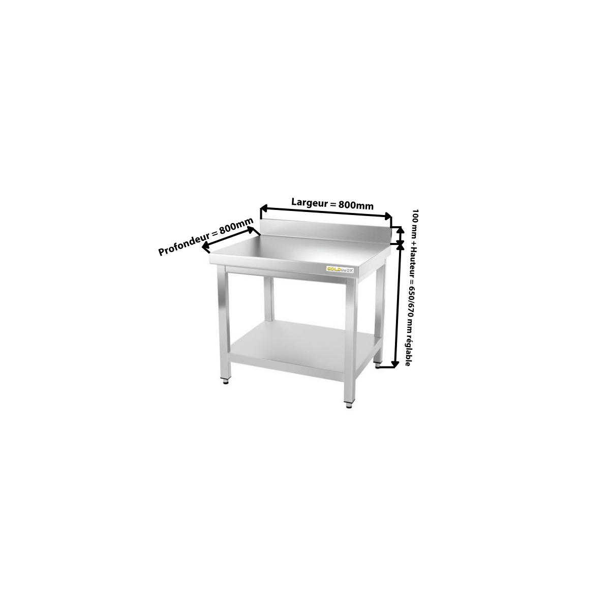 Table inox soubassement 800 x 800 mm adossée / GOLDINOX 