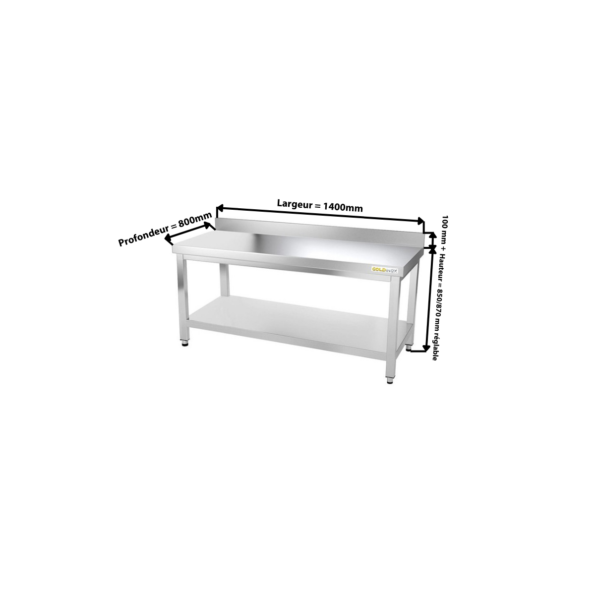 Table inox soubassement 1400 x 800 mm adossée / GOLDINOX 