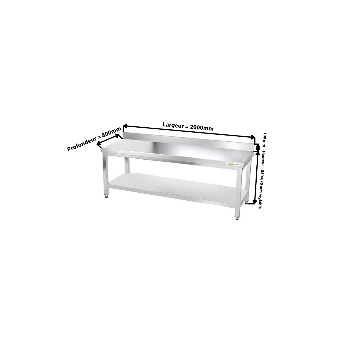 Table inox soubassement 2000 x 800 mm adossée / GOLDINOX 