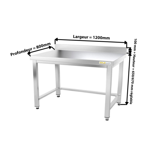 Table inox soubassement 1200 x 800 mm adossée avec renfort / GOLDINOX 