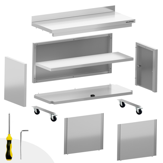 Meuble bas inox 1000 x 600 mm adossé sur roulettes PREMIUM / GOLDINOX