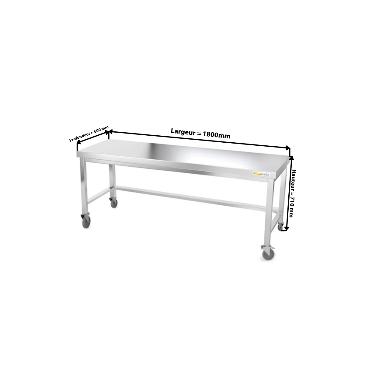 Table inox soubassement 1800 x 600 mm avec renfort sur roulettes / GOLDINOX
