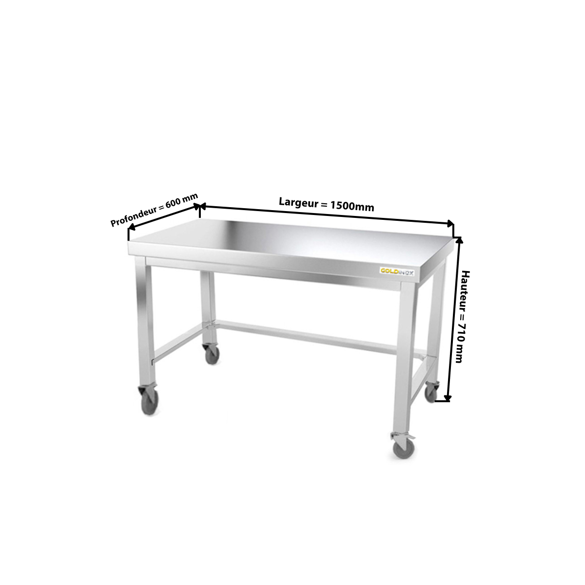 Table inox soubassement 1500 x 600 mm avec renfort sur roulettes / GOLDINOX