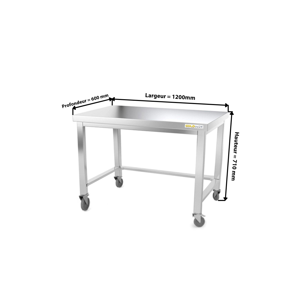 Table inox soubassement 1200 x 600 mm avec renfort sur roulettes / GOLDINOX