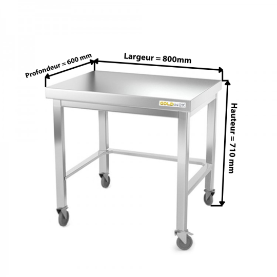 Table inox soubassement 800 x 600 mm avec renfort sur roulettes / GOLDINOX