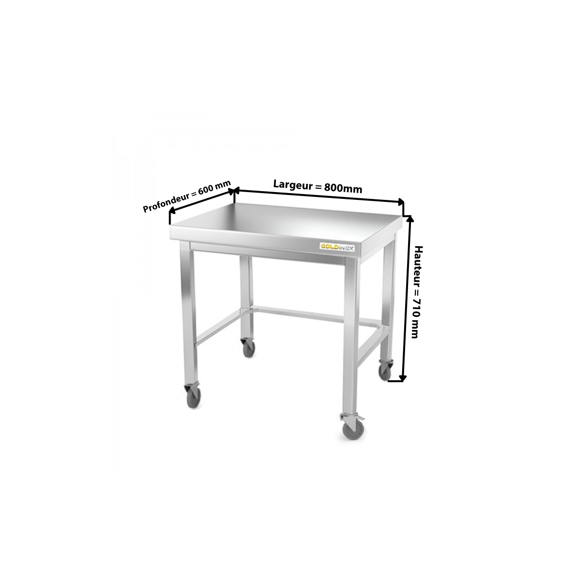 Table inox soubassement 800 x 600 mm avec renfort sur roulettes / GOLDINOX