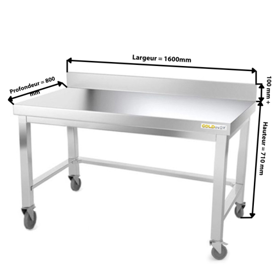 Table inox soubassement 1600 x 800 mm adossée avec renfort sur roulettes / GOLDINOX 