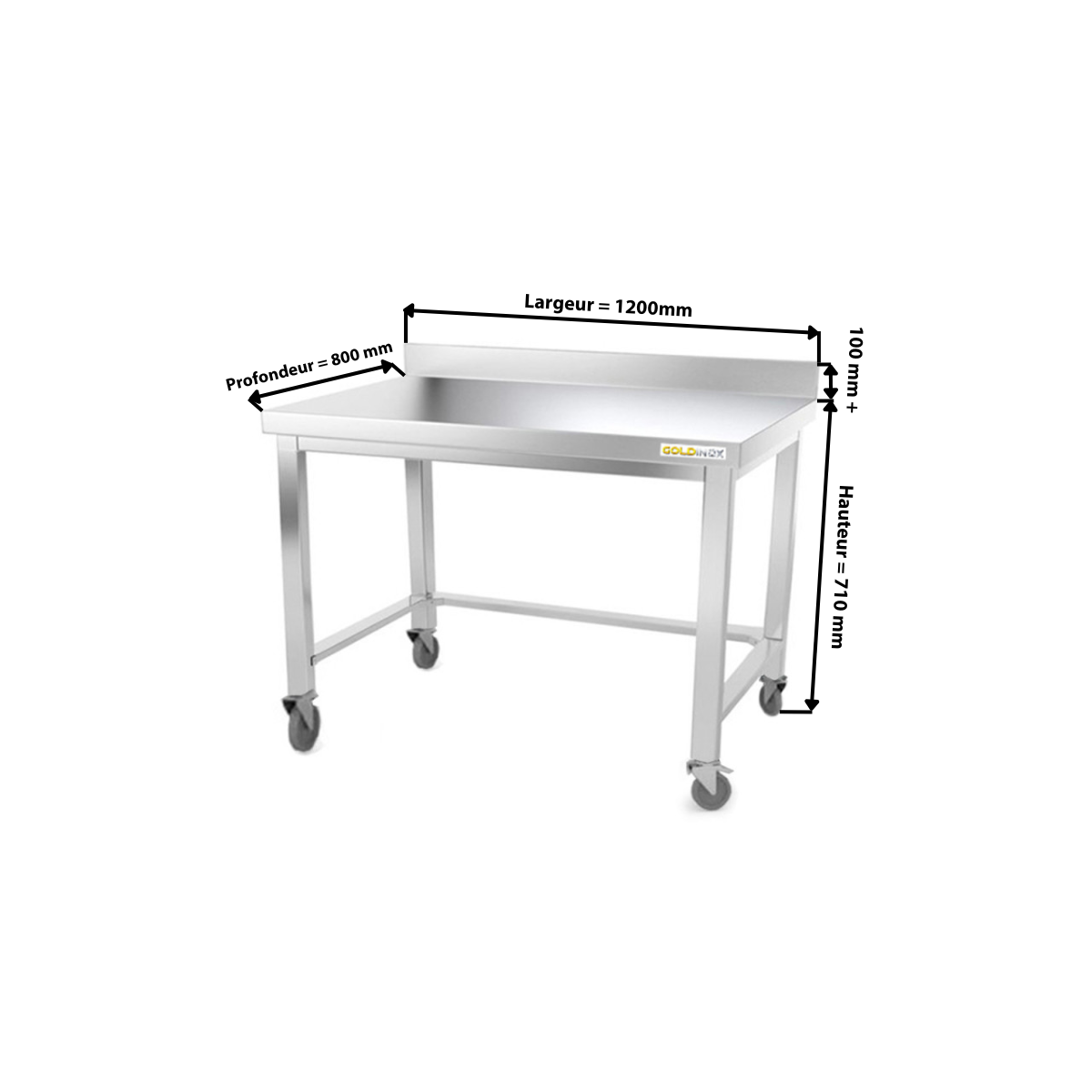 Table inox soubassement 1200 x 800 mm adossée avec renfort sur roulettes / GOLDINOX 