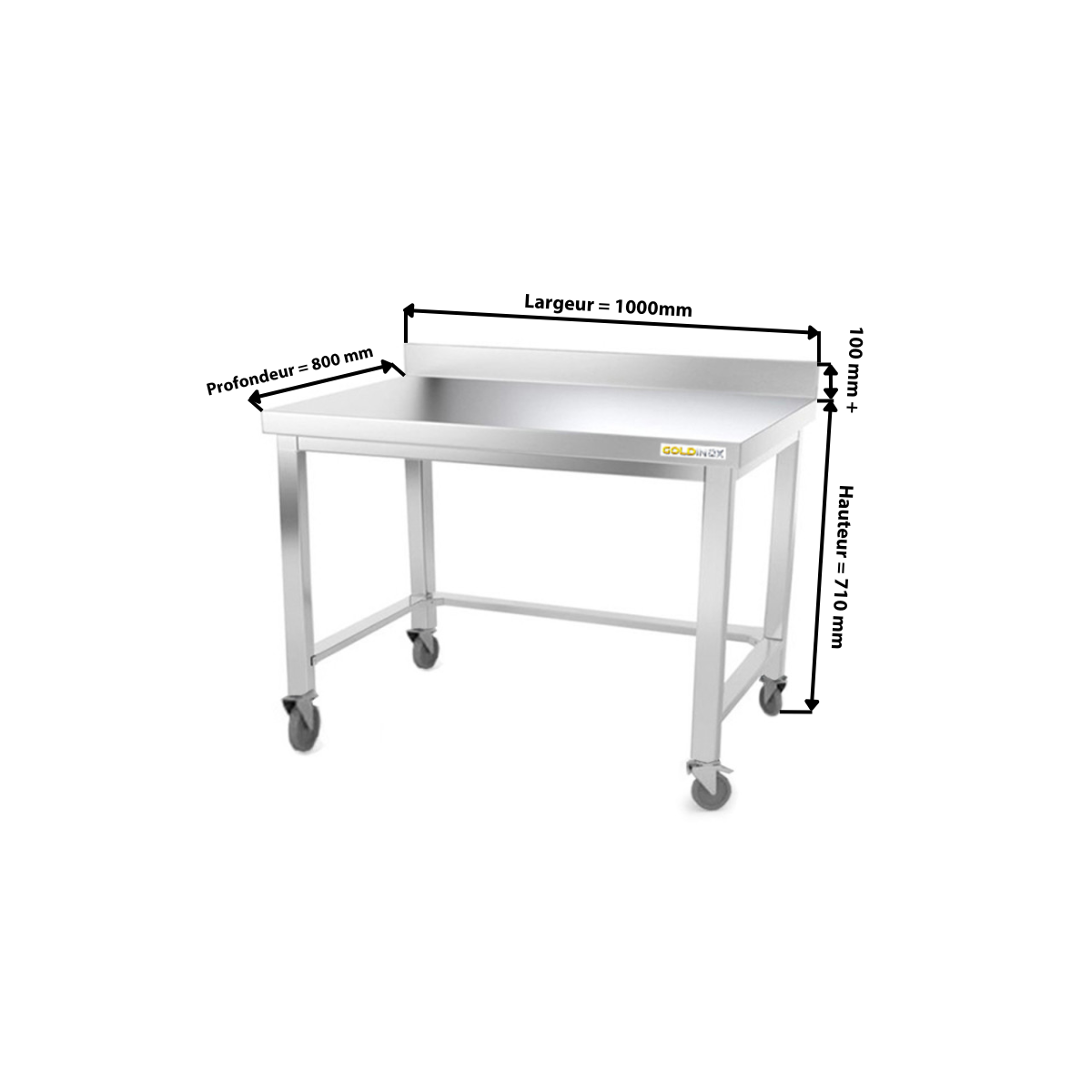 Table inox soubassement 1000 x 800 mm adossée avec renfort sur roulettes / GOLDINOX 