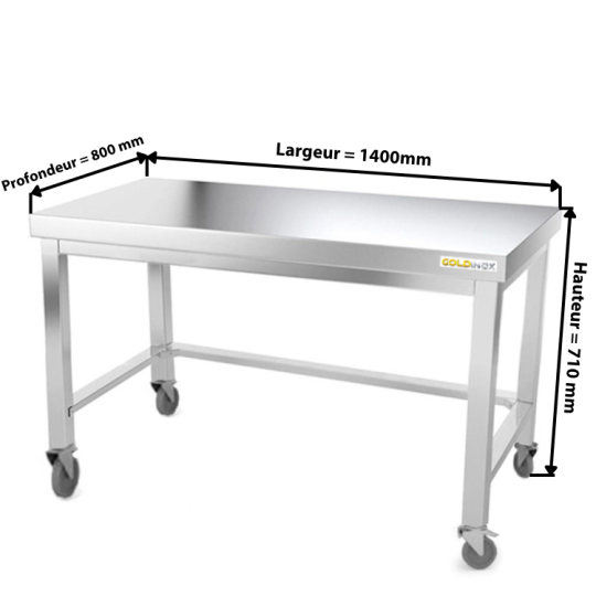 Table inox soubassement 1400 x 800 mm avec renfort sur roulettes / GOLDINOX 