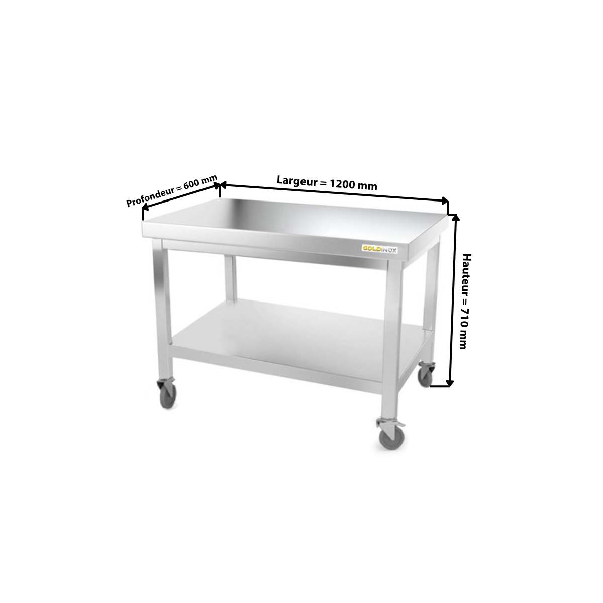 Table inox soubassement 1200 x 600 mm sur roulettes / GOLDINOX