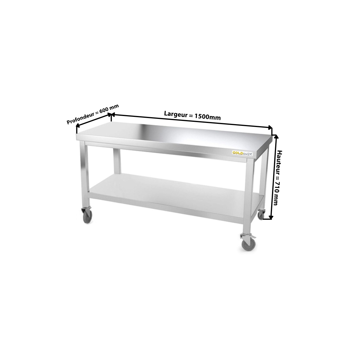 Table inox soubassement 1500 x 600 mm sur roulettes / GOLDINOX