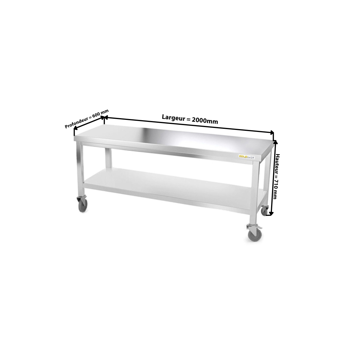 Table inox soubassement 2000 x 600 mm sur roulettes / GOLDINOX