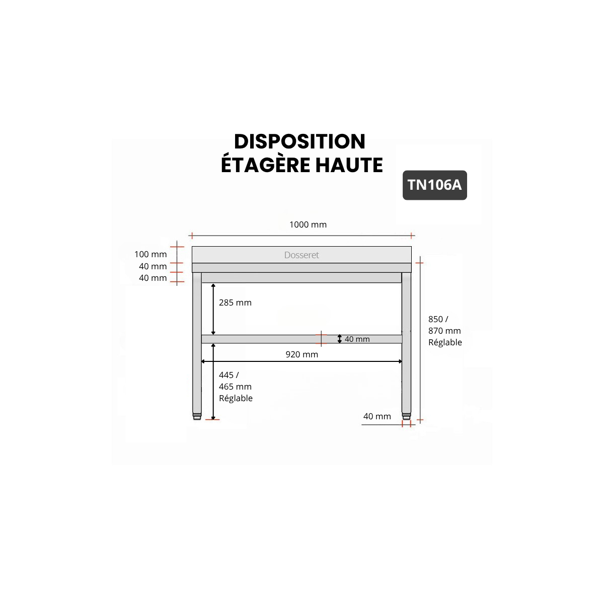 Table inox 1000 x 600 mm adossée PREMIUM / GOLDINOX