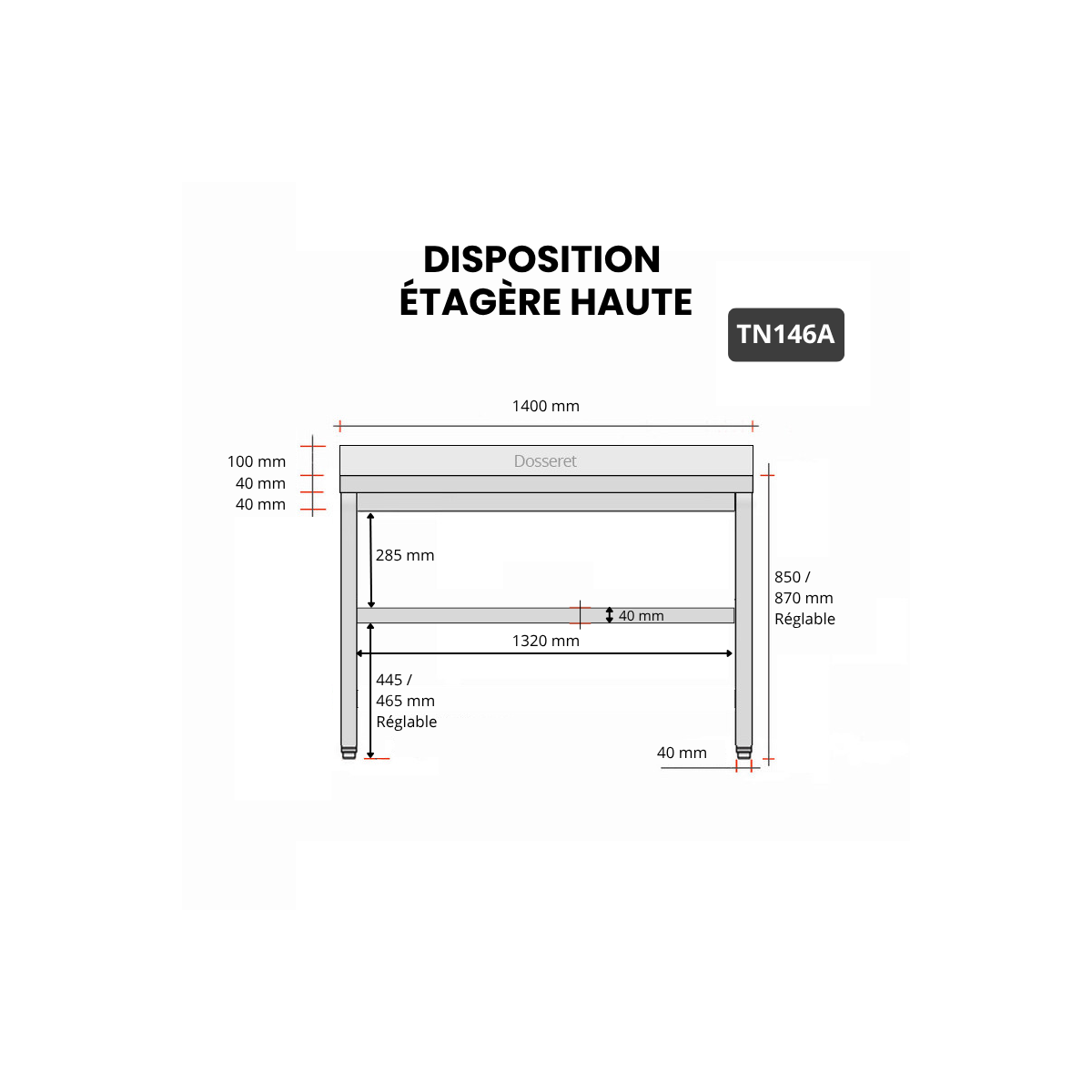 Table inox 1400 x 600 mm adossée PREMIUM / GOLDINOX