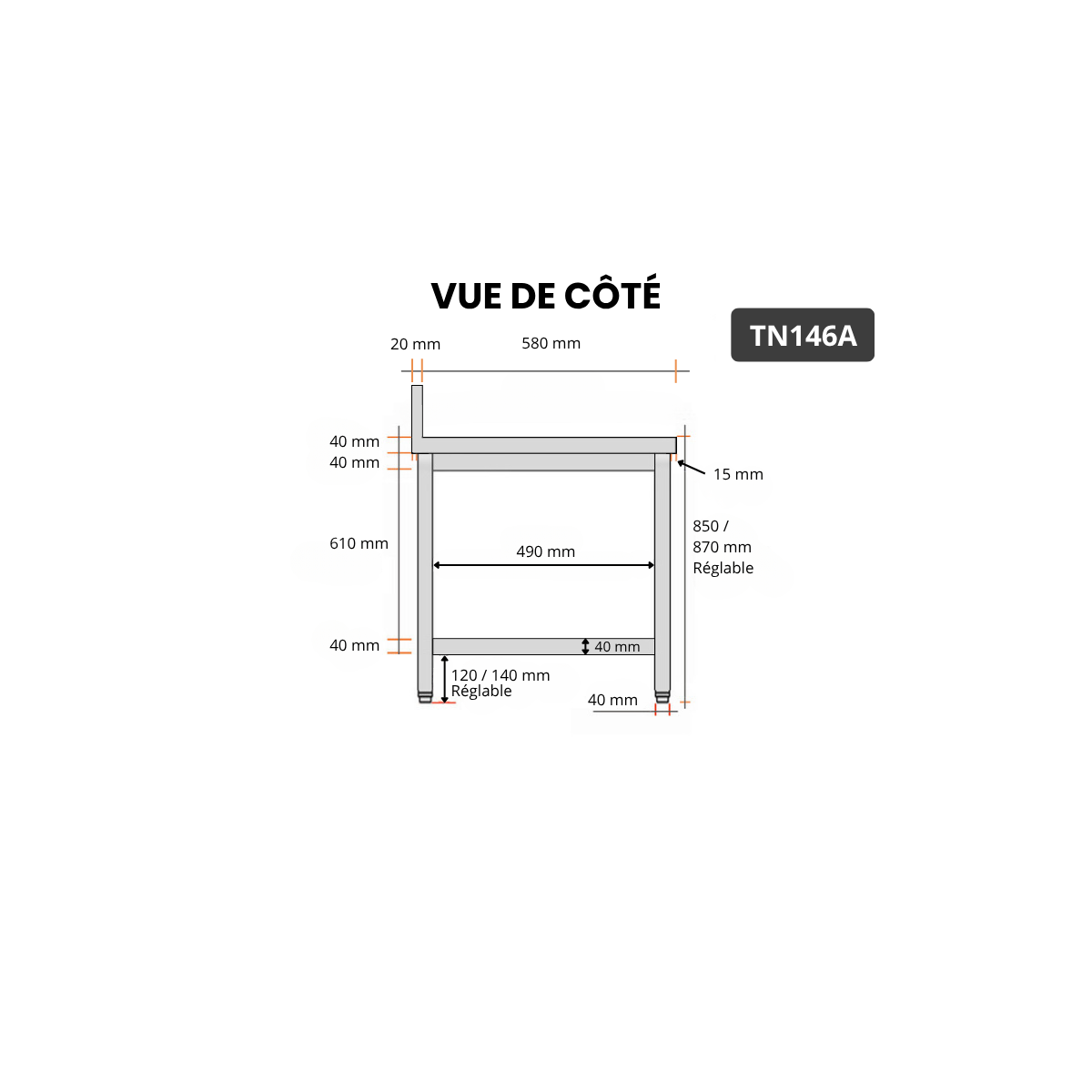 Table inox 1400 x 600 mm adossée PREMIUM / GOLDINOX