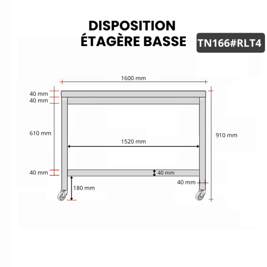 Table inox 1600 x 600 mm sur roulettes PREMIUM / GOLDINOX