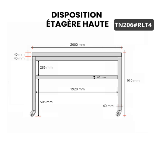 Table inox 2000 x 600 mm sur roulettes PREMIUM / GOLDINOX