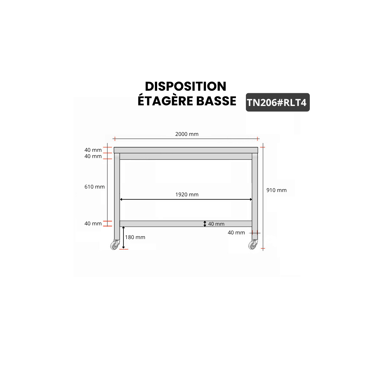 Table inox 2000 x 600 mm sur roulettes PREMIUM / GOLDINOX
